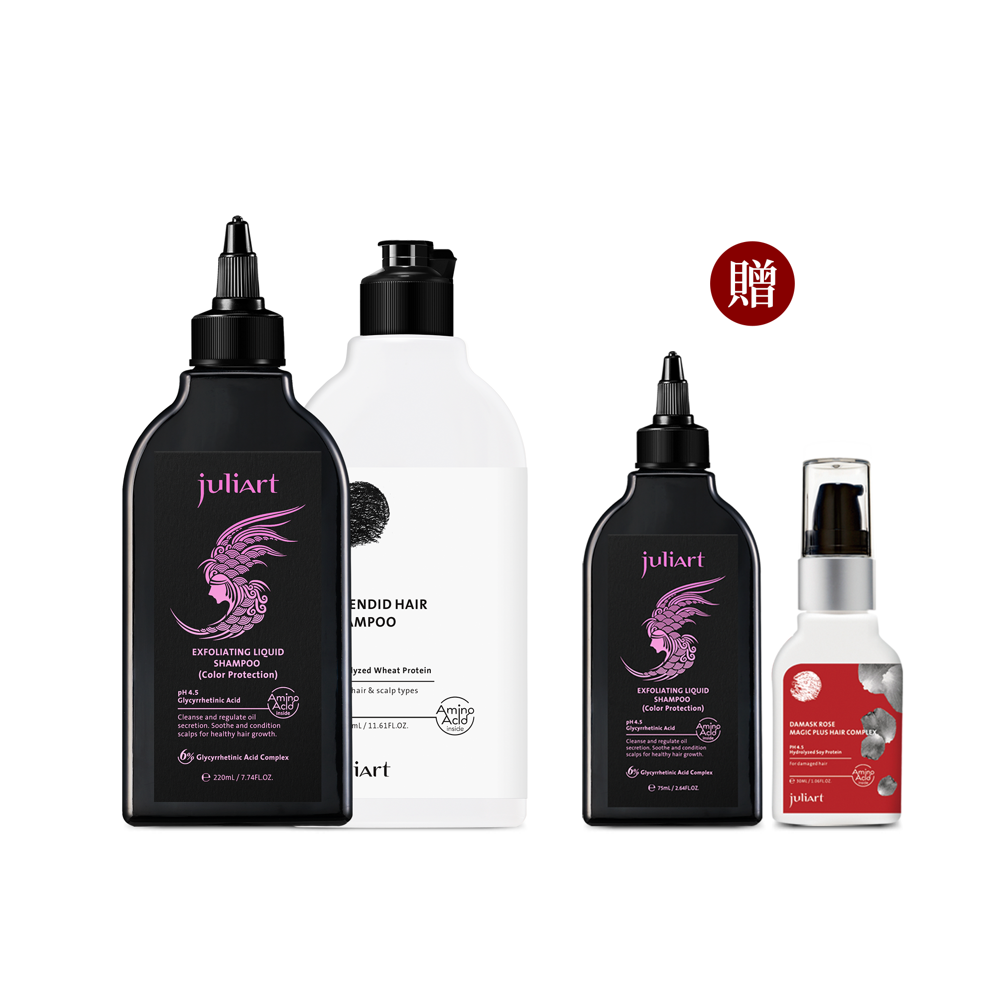 juliArt覺亞 甘草次酸角質淨化液(護色版)220mL+髮現完美洗髮精 330mL 贈 甘草次酸角質淨化液(護色版)75mL+大馬士革玫瑰精萃魔髮精靈30mL  ▶70C002